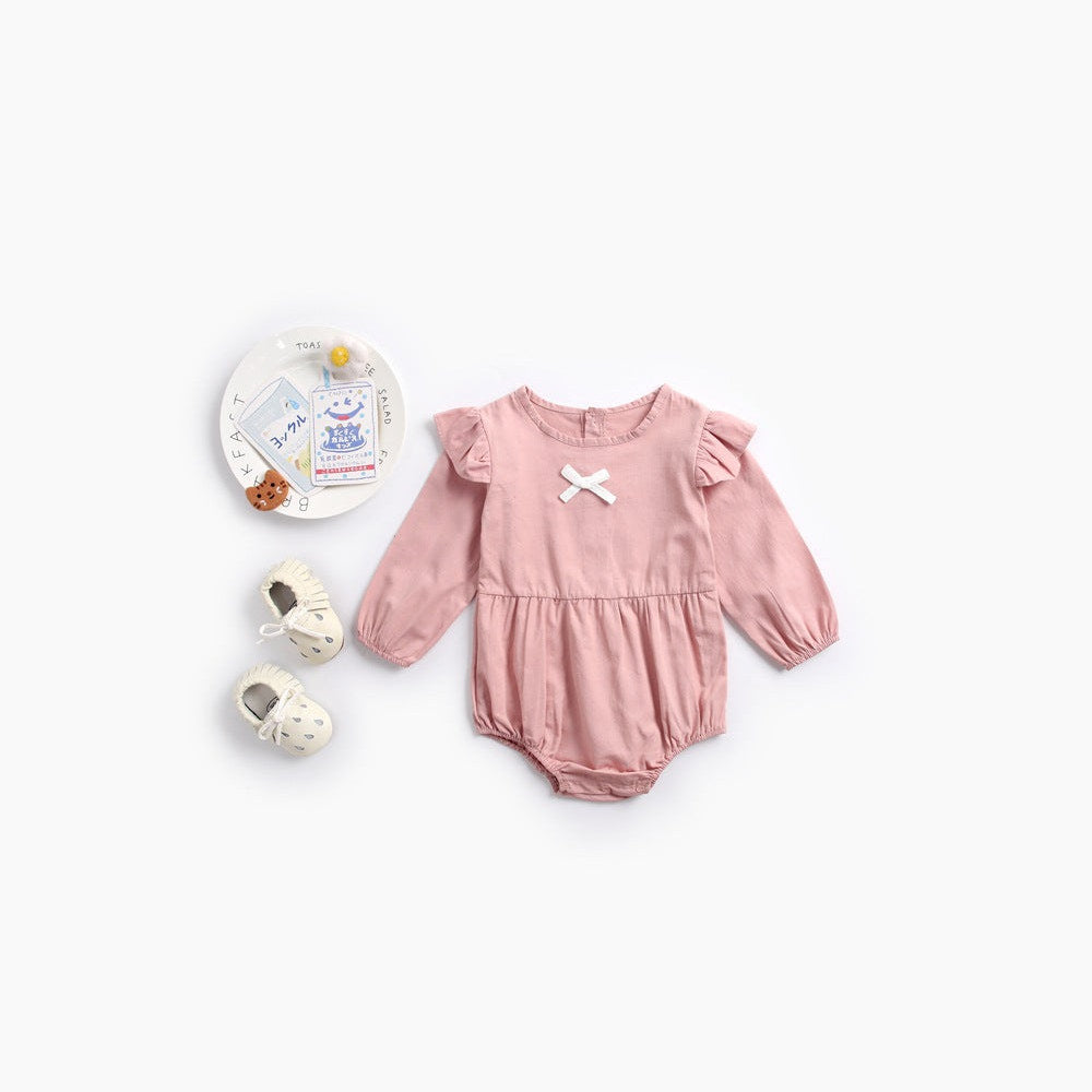 MyKids-USA® Baby Girl Solid Color Bow Patched Design Little Butterfly Sleeves Bodysuit