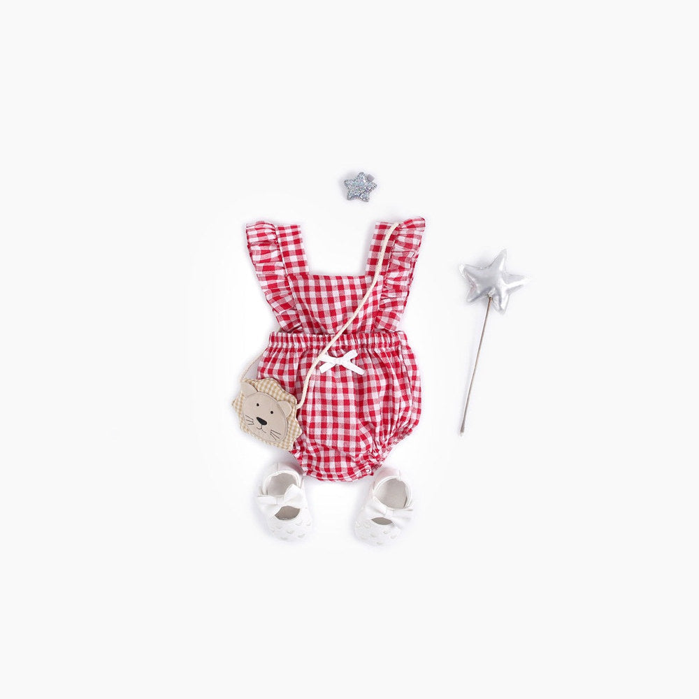 MyKids-USA® Baby Girl Doll Neck Solid Shirt & Red Plaid Graphic Bow Patched Bodysuit One Pieces Sets