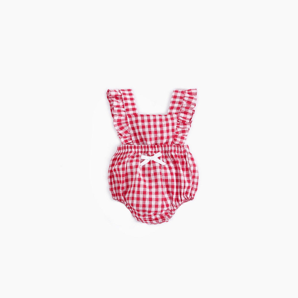 MyKids-USA® Baby Girl Doll Neck Solid Shirt & Red Plaid Graphic Bow Patched Bodysuit One Pieces Sets