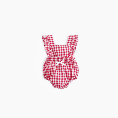 MyKids-USA® Baby Girl Doll Neck Solid Shirt & Red Plaid Graphic Bow Patched Bodysuit One Pieces Sets