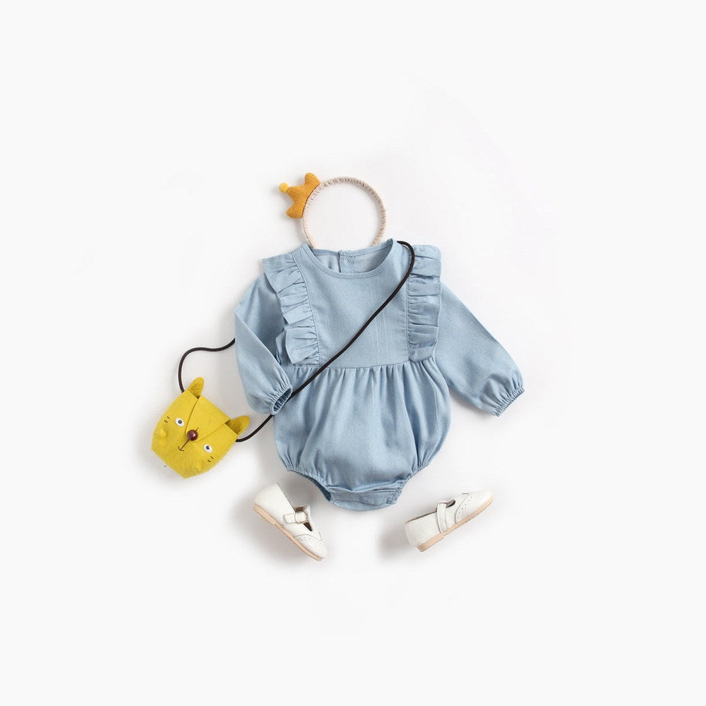 MyKids-USA® Baby Girl Solid Color Ruffle Design Denim Long Sleeved Bodysuit bodysuit