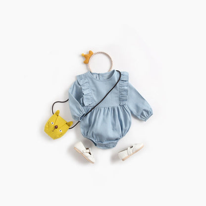 MyKids-USA® Baby Girl Solid Color Ruffle Design Denim Long Sleeved Bodysuit bodysuit