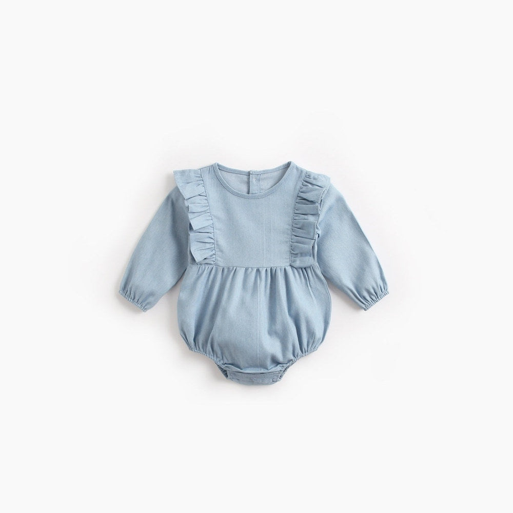 MyKids-USA® Baby Girl Solid Color Ruffle Design Denim Long Sleeved Bodysuit bodysuit