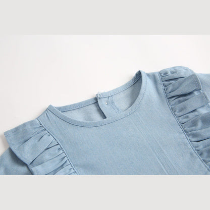 MyKids-USA® Baby Girl Solid Color Ruffle Design Denim Long Sleeved Bodysuit bodysuit