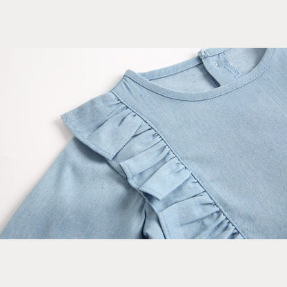 MyKids-USA® Baby Girl Solid Color Ruffle Design Denim Long Sleeved Bodysuit bodysuit