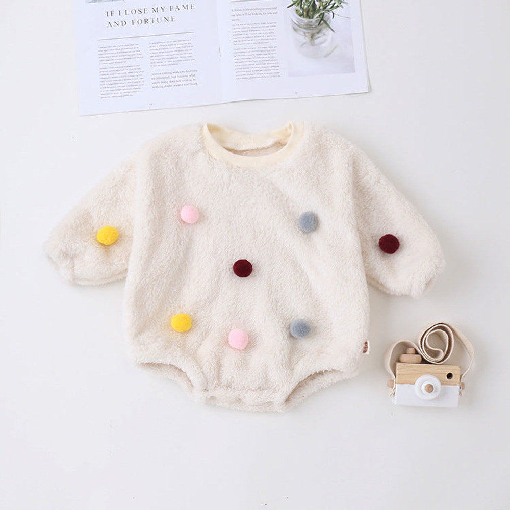 MyKids-USA® Baby Girl Solid Color Furball Patched Design Coral Fleece Pullover bodysuit