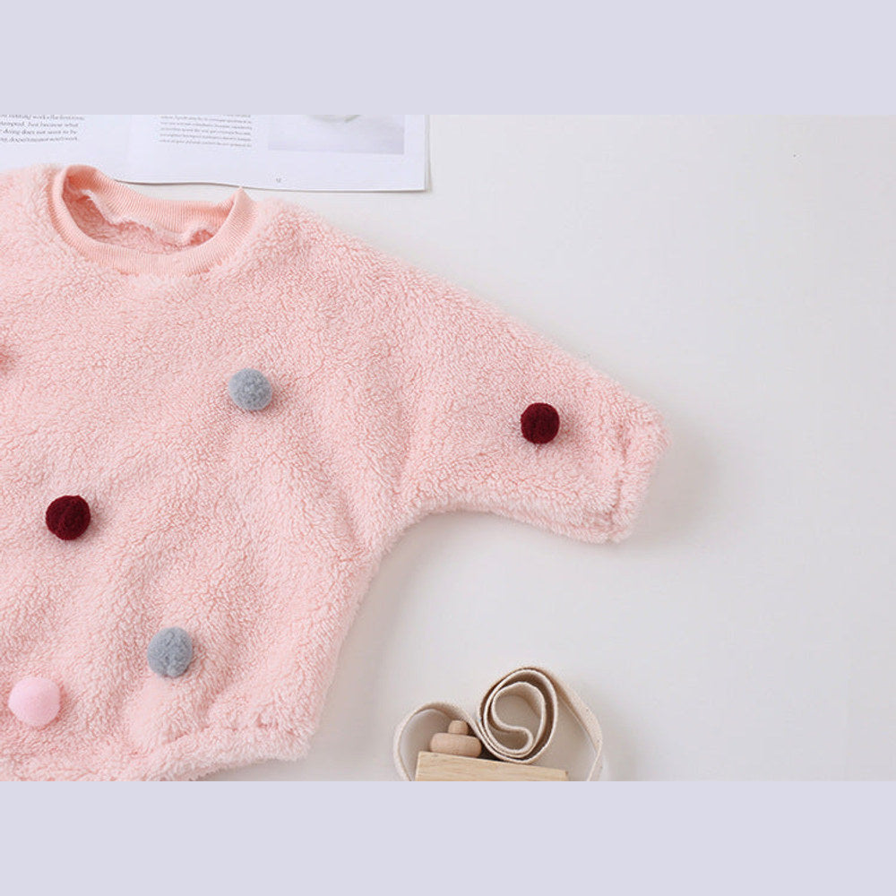 MyKids-USA® Baby Girl Solid Color Furball Patched Design Coral Fleece Pullover bodysuit