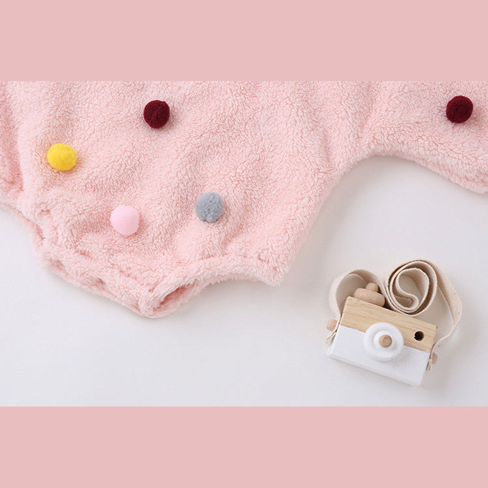 MyKids-USA® Baby Girl Solid Color Furball Patched Design Coral Fleece Pullover bodysuit