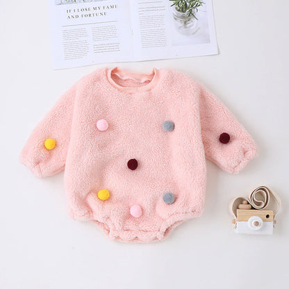 MyKids-USA® Baby Girl Solid Color Furball Patched Design Coral Fleece Pullover bodysuit