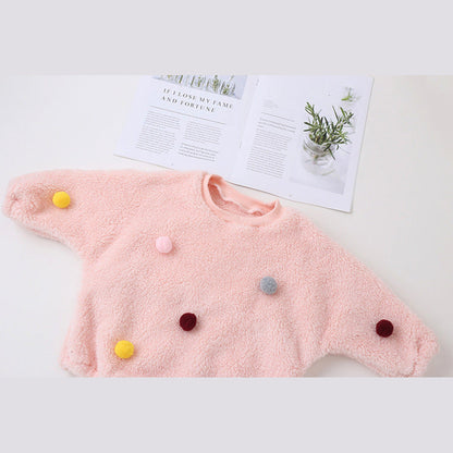 MyKids-USA® Baby Girl Solid Color Furball Patched Design Coral Fleece Pullover bodysuit