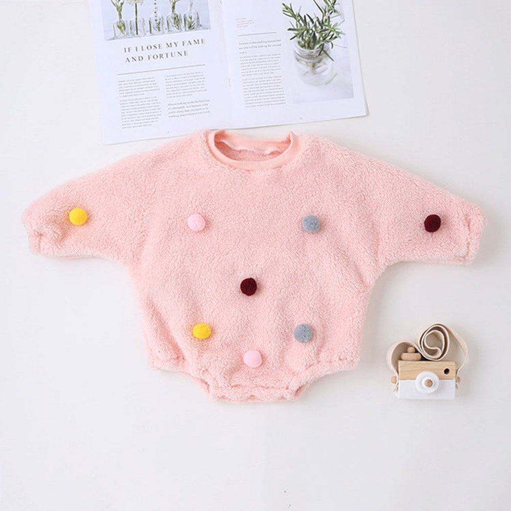 MyKids-USA® Baby Girl Solid Color Furball Patched Design Coral Fleece Pullover bodysuit