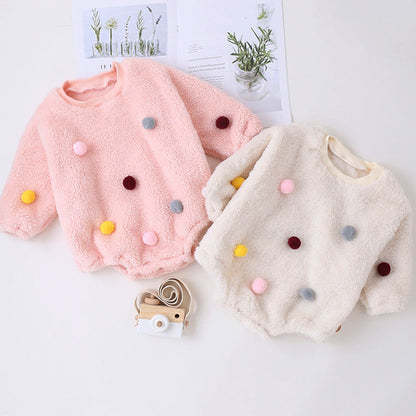 MyKids-USA® Baby Girl Solid Color Furball Patched Design Coral Fleece Pullover bodysuit