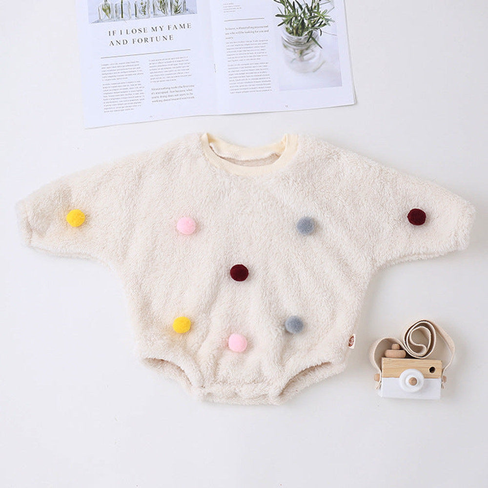 MyKids-USA® Baby Girl Solid Color Furball Patched Design Coral Fleece Pullover bodysuit