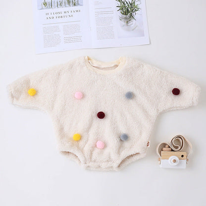 MyKids-USA® Baby Girl Solid Color Furball Patched Design Coral Fleece Pullover bodysuit