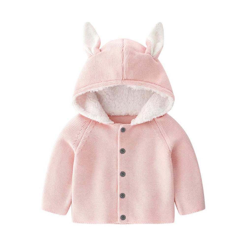 MyKids-USA® Baby Solid Color Bunny Ear Patched Hat Design Button Front Knitted Sweater Cardigan