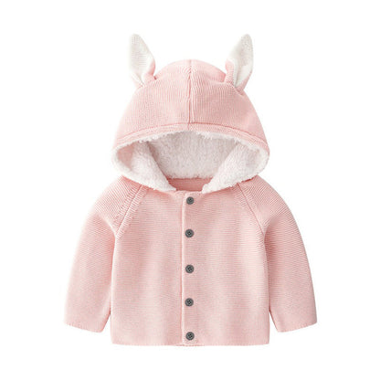 MyKids-USA® Baby Solid Color Bunny Ear Patched Hat Design Button Front Knitted Sweater Cardigan