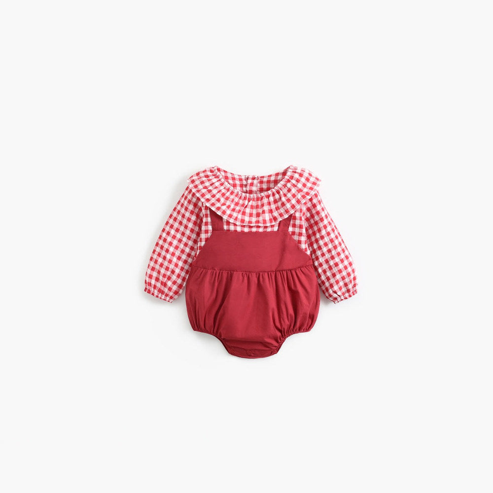 MyKids-USA® Baby Girl Plaid Pattern False One-Piece Design Ruffle Neck bodysuit