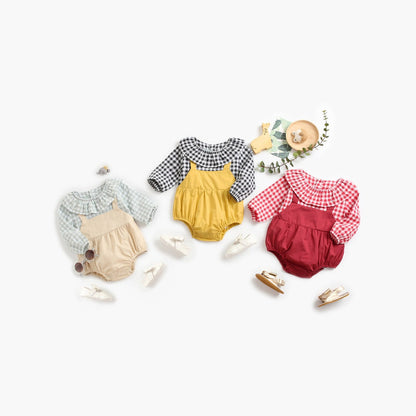 MyKids-USA® Baby Girl Plaid Pattern False One-Piece Design Ruffle Neck bodysuit