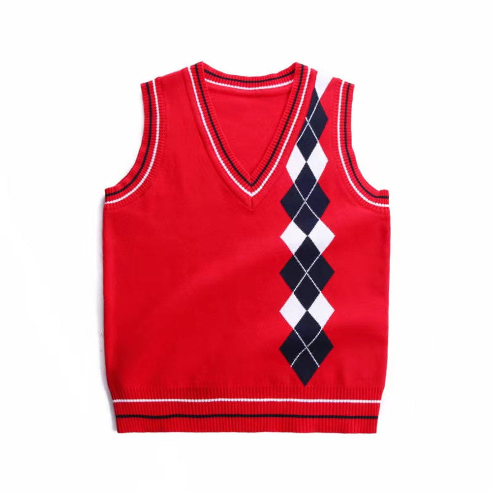 MyKids-USA® Boy And Girl Rhombus Pattern V-Neck College Style Sleeveless Vest Sweater