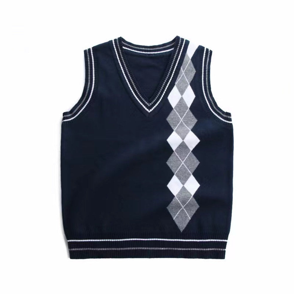 MyKids-USA® Boy And Girl Rhombus Pattern V-Neck College Style Sleeveless Vest Sweater