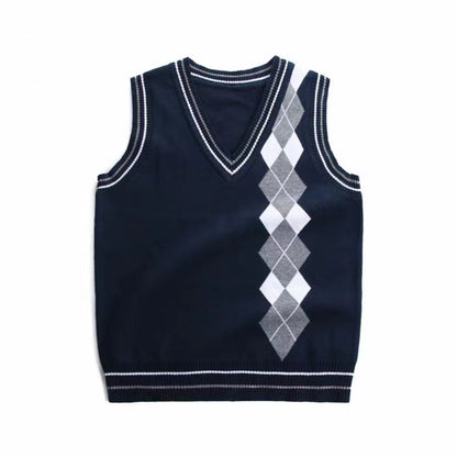 MyKids-USA® Boy And Girl Rhombus Pattern V-Neck College Style Sleeveless Vest Sweater