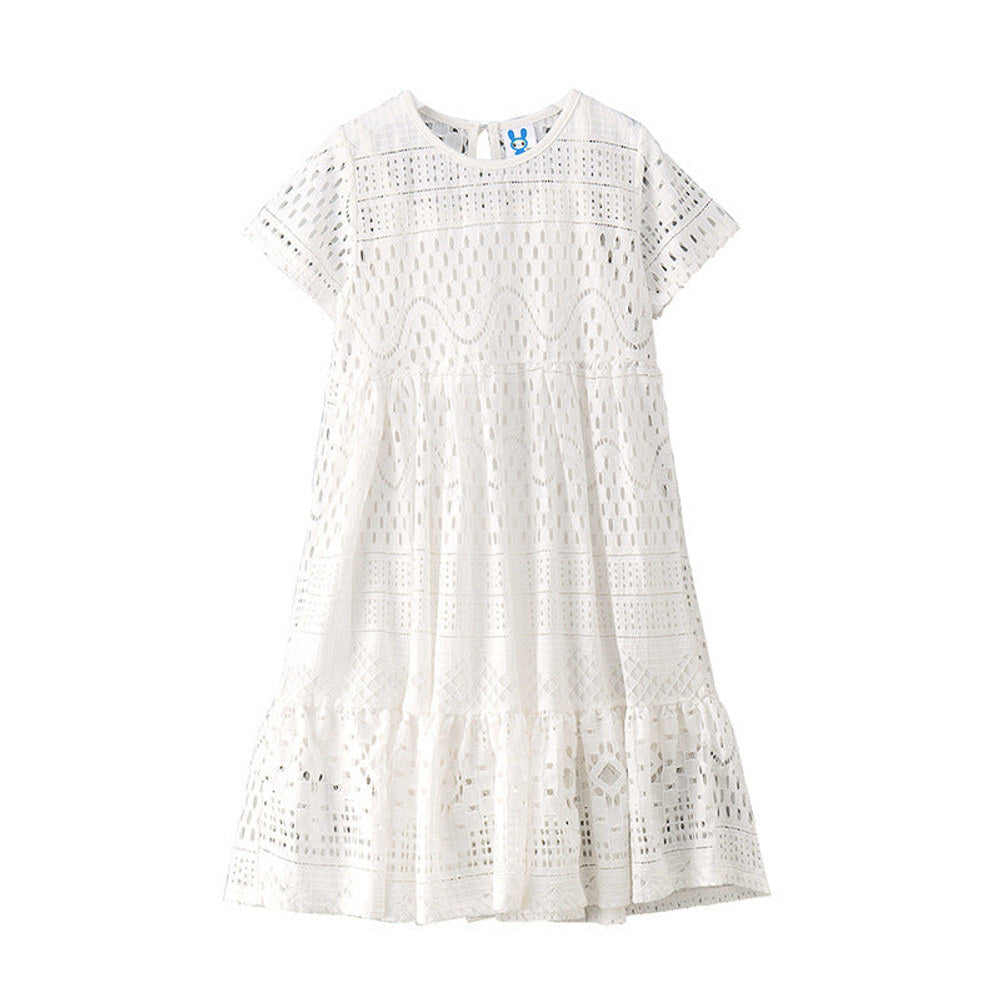 MyKids-USA® Girl Solid Color Hollow Carved Design O-Neck Gentle Dress
