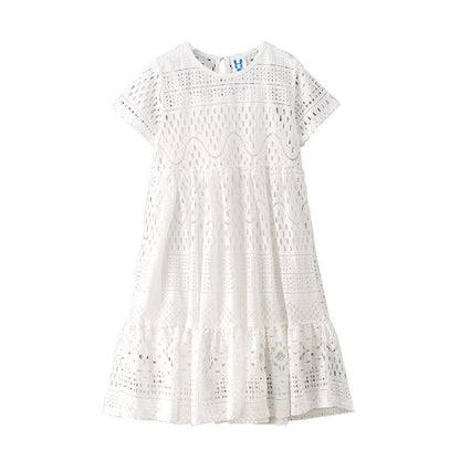 MyKids-USA® Girl Solid Color Hollow Carved Design O-Neck Gentle Dress
