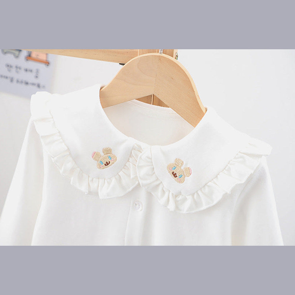 MyKids-USA® Baby Girl Solid Color Rabbit Print Single Breasted Design Doll-Neck Long-Slleved Shirt