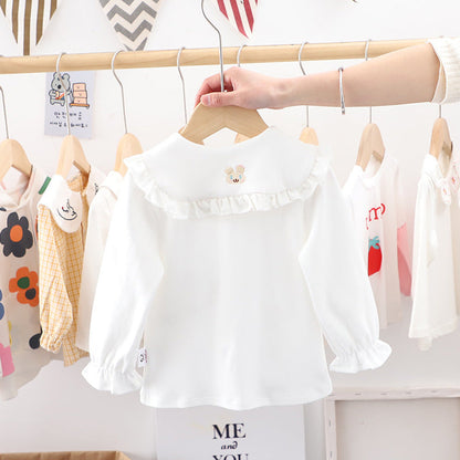 MyKids-USA® Baby Girl Solid Color Rabbit Print Single Breasted Design Doll-Neck Long-Slleved Shirt