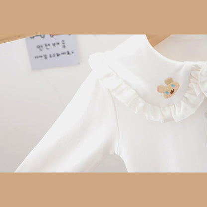 MyKids-USA® Baby Girl Solid Color Rabbit Print Single Breasted Design Doll-Neck Long-Slleved Shirt