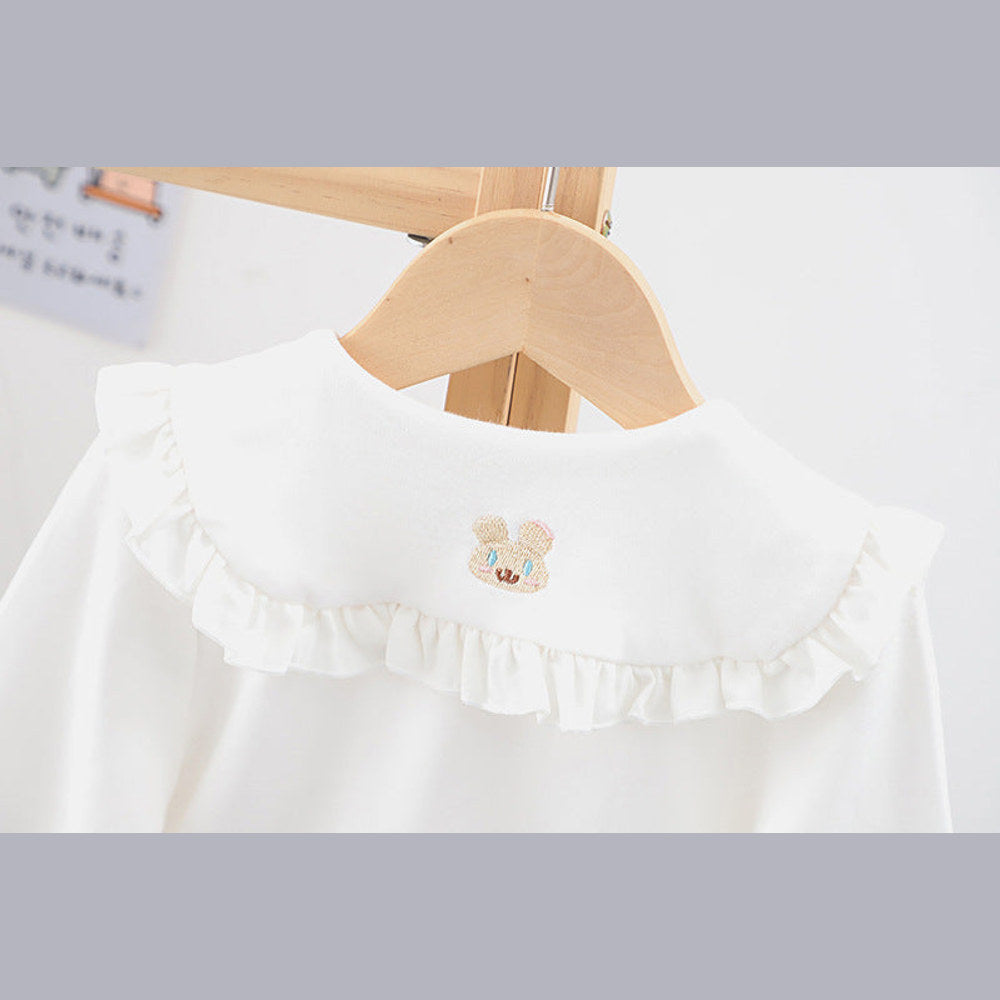 MyKids-USA® Baby Girl Solid Color Rabbit Print Single Breasted Design Doll-Neck Long-Slleved Shirt