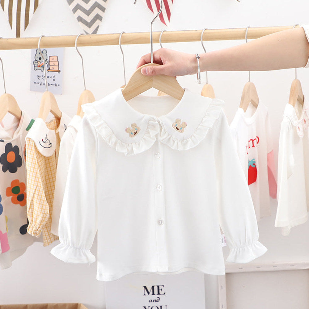 MyKids-USA® Baby Girl Solid Color Rabbit Print Single Breasted Design Doll-Neck Long-Slleved Shirt
