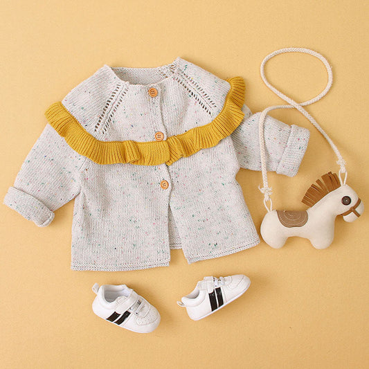 Baby Girl Solid Color Ruffle Design Longsleeve Simple Style Cardigan
