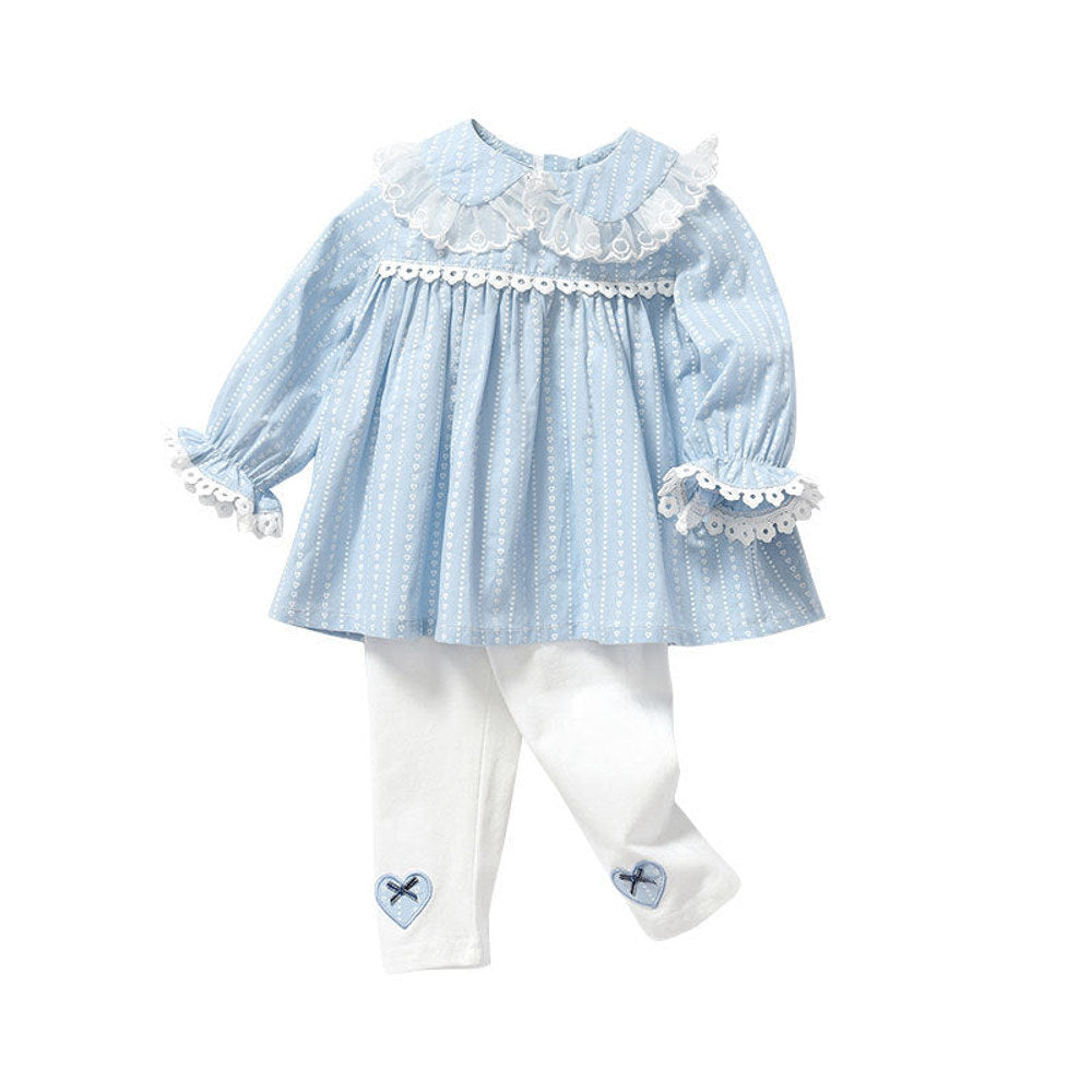 MyKids-USA® Baby Girl Heart Pattern Ruffle Doll Neck Shirt Combo Embroidered Pants Sets