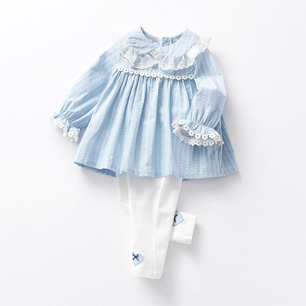 MyKids-USA® Baby Girl Heart Pattern Ruffle Doll Neck Shirt Combo Embroidered Pants Sets