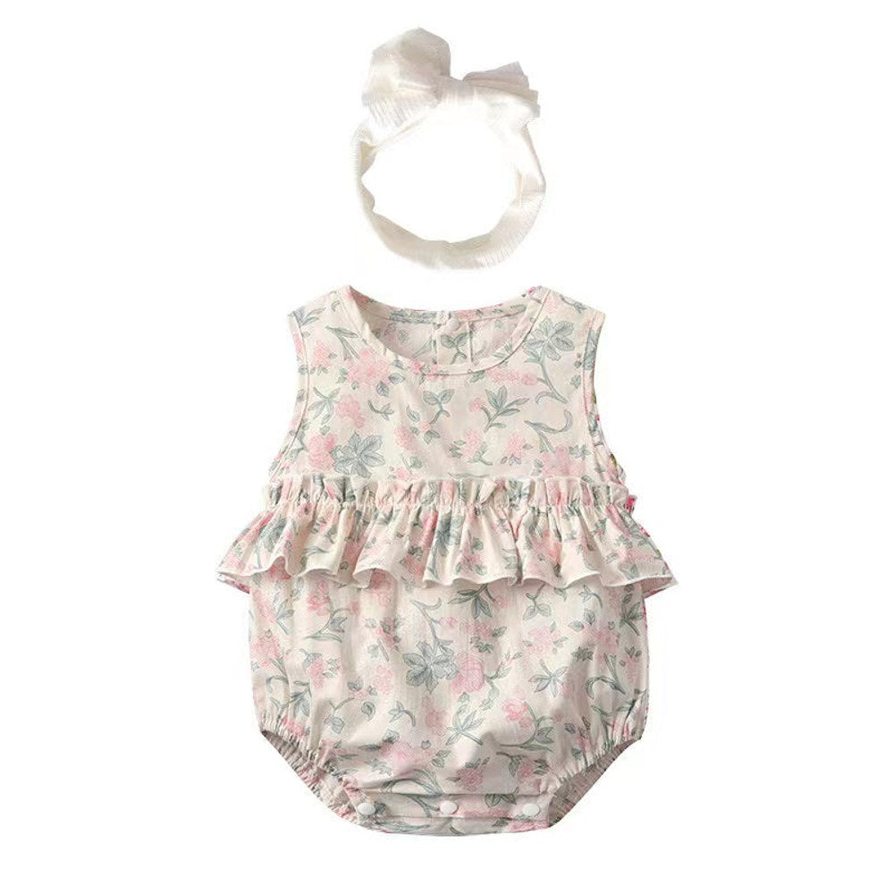 MyKids-USA® Baby Girl Floral Print Graphic Ruffle Design Sleeveless bodysuit & Headband