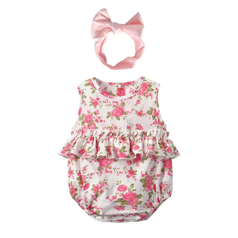 MyKids-USA® Baby Girl Floral Print Graphic Ruffle Design Sleeveless bodysuit & Headband