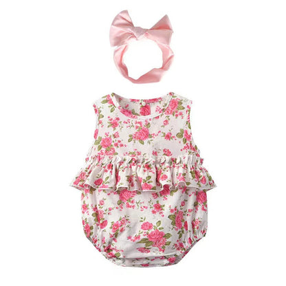 MyKids-USA® Baby Girl Floral Print Graphic Ruffle Design Sleeveless bodysuit & Headband