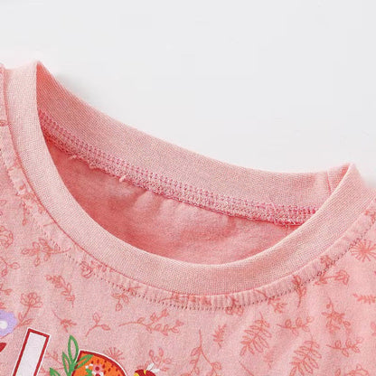 MyKids-USA® Baby Girl Floral & Slogan Print Graphic Puff Sleeve Tee Combo Denim Shorts Sets