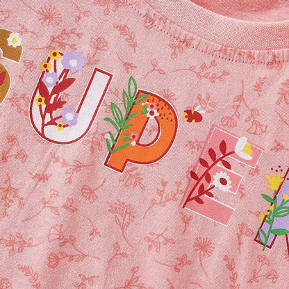 MyKids-USA® Baby Girl Floral & Slogan Print Graphic Puff Sleeve Tee Combo Denim Shorts Sets
