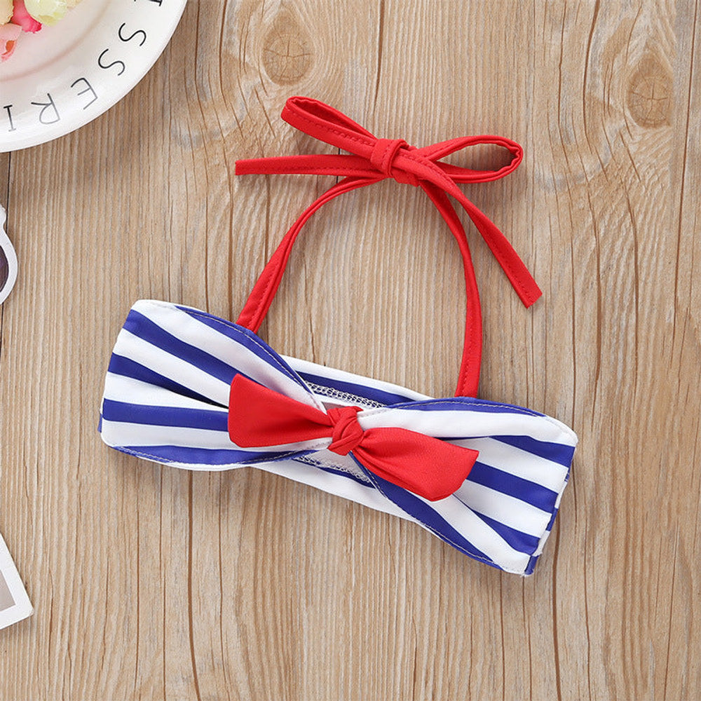 MyKids-USA® Baby Girl Striped Pattern Bow Tie Design Belted Tops Combo Shorts Swimwear
