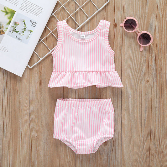 MyKids-USA® Baby Girl Striped Graphic Ruffle Tops Combo Shorts One Pieces Swimsuit