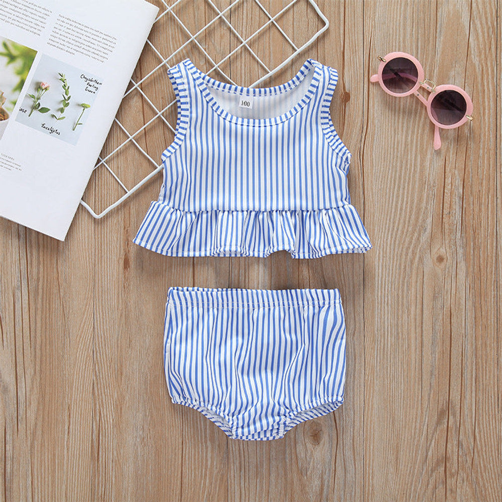 MyKids-USA® Baby Girl Striped Graphic Ruffle Tops Combo Shorts One Pieces Swimsuit