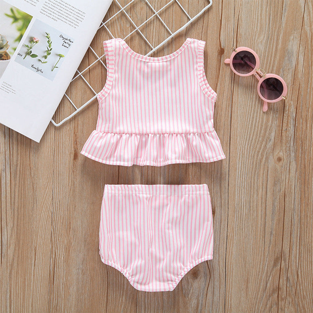 MyKids-USA® Baby Girl Striped Graphic Ruffle Tops Combo Shorts One Pieces Swimsuit