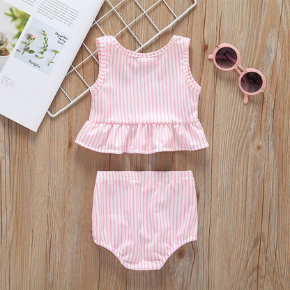MyKids-USA® Baby Girl Striped Graphic Ruffle Tops Combo Shorts One Pieces Swimsuit