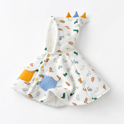 MyKids-USA® Kids Cartoon Dinosaur Print Button Front Design Shawls With Hat