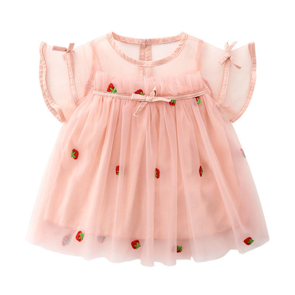 MyKids-USA® Baby Girl Strawberries Embroidered Mesh Overlay Design Bow Tie Patched Hundred Dress