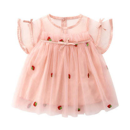 MyKids-USA® Baby Girl Strawberries Embroidered Mesh Overlay Design Bow Tie Patched Hundred Dress