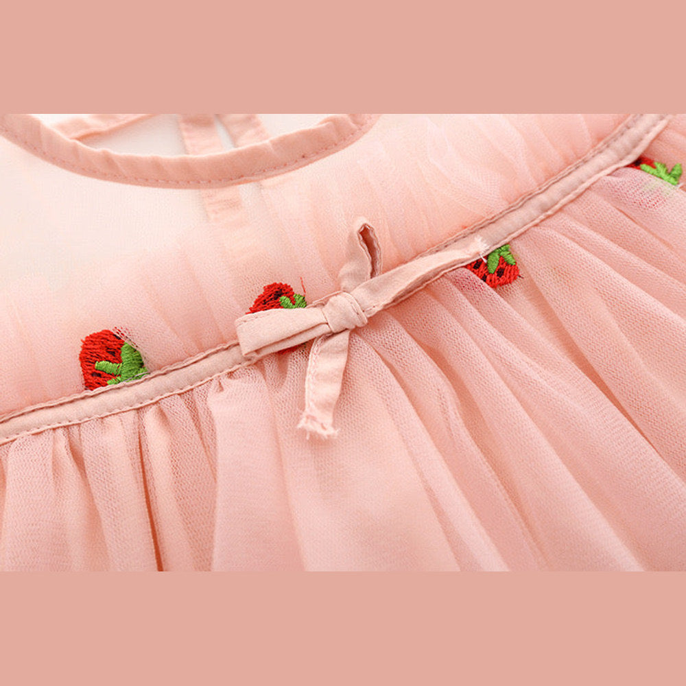 MyKids-USA® Baby Girl Strawberries Embroidered Mesh Overlay Design Bow Tie Patched Hundred Dress