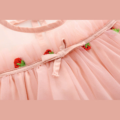 MyKids-USA® Baby Girl Strawberries Embroidered Mesh Overlay Design Bow Tie Patched Hundred Dress